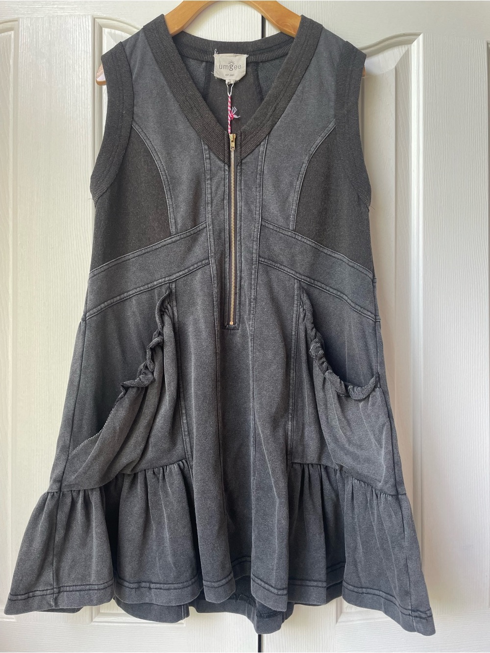 Umgee Washed Charcoal Sleeveless Ruffle-Hem Dress with Front Zip